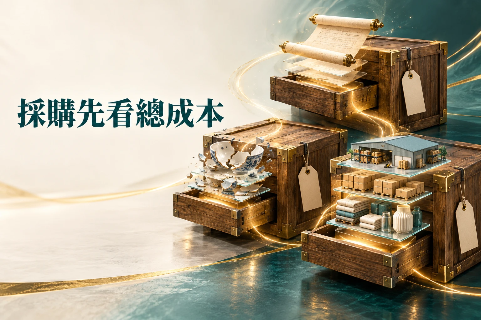 採購先看總成本:三只實體供應商貨箱,各掛空白價格牌,不同隱藏夾層滑開,露出代表運費的捲繞線圈、瑕疵陶瓷碎片、庫存堆疊與迷你倉儲平台